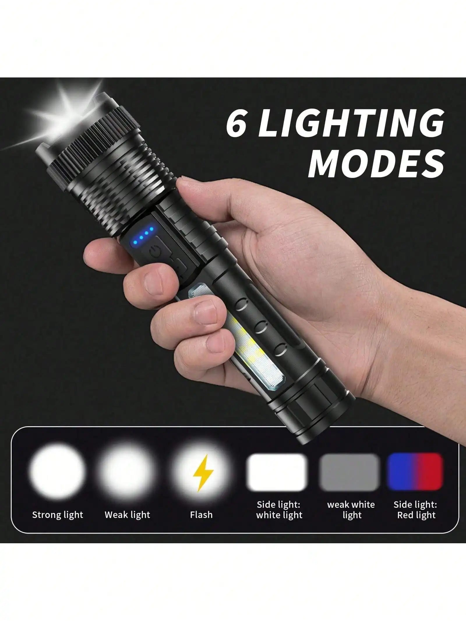 High Lumens Rechargeable Led Battery Powered With 6 Modes Multifunctional Flashlights,  Powerful Handheld Flash Lights Perfect For Emergency Power Outage