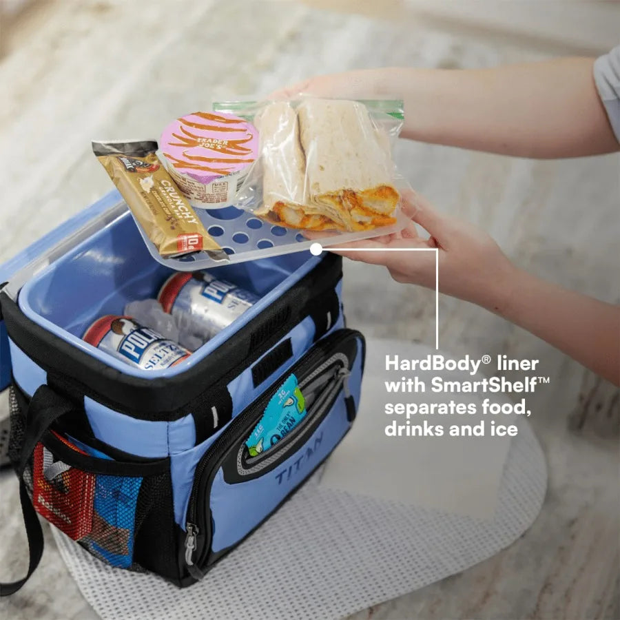 Zipperless soft cooler for outdoor use, 6-quart capacity, rainwash blue color, lightweight and leakproof design