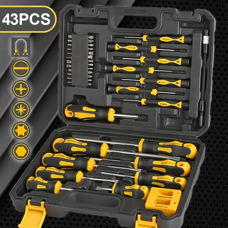 43-piece Magnetic Screwdriver Set, featuring magnetized and demagnetizing tools — including interchangeable screwdriver bits, ergonomic handles, and a magnetic base — designed for manual tools used in automotive and elect