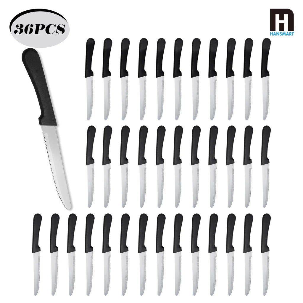 36Pcs Stainless Steel Steak Knife Set Plastic Ergonomic Handles Serrated Blades Dishwasher Safe for Home Restaurant Dinner Gift