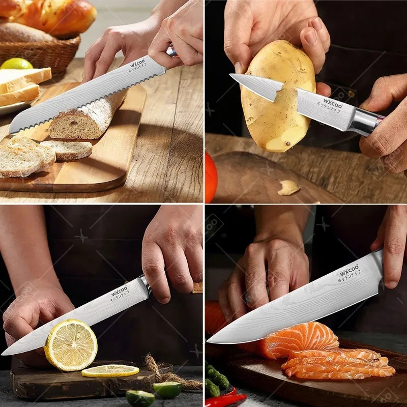 Kitchen Accessories 7PCS Professional Stainless Steel Knife Set with Sharpening Rod Wooden Holder