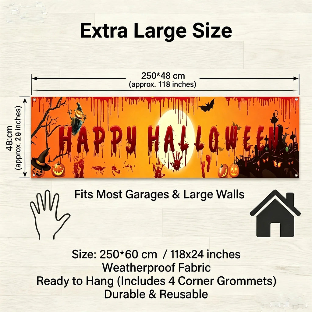 Halloween Banner Backdrop Large Happy Halloween Sign for Outdoor Yard Decorations Spooky Bloody Photography Background for Party Supplies Haunted House Garden Wall Decor Photo Booth Prop