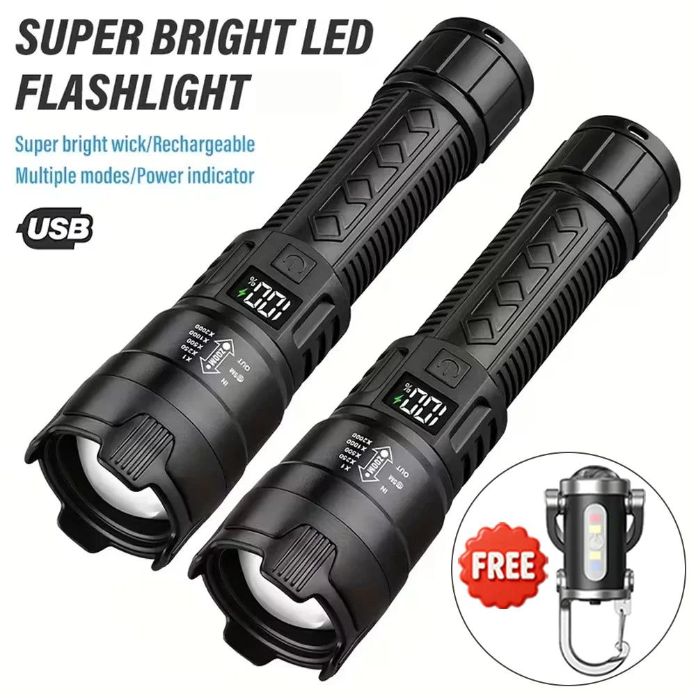 Super Bright LED Flashlight, USB Rechargeable, with Display Zoomable Light with Battery, Camping Hiking Emergency Lantern
