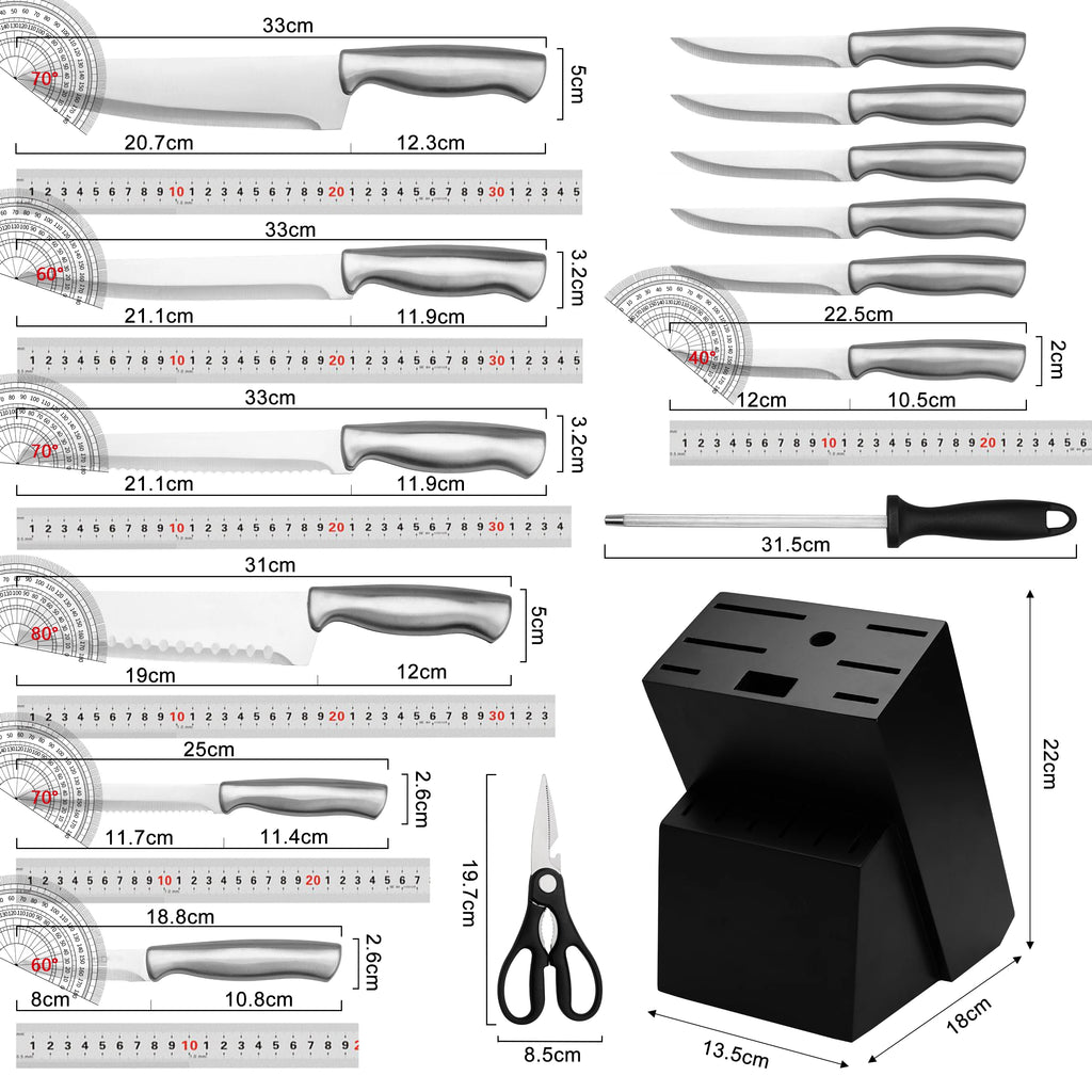 15Pcs Full Stainless Steel Kitchen Knife Set with Black Knife Block, All-in-one Hollow Handle Chef Knives Sharpener Scissor, Ultra Sharp Slicing Bread Steak Paring Knives Home Cooking Cutlery Gift Set