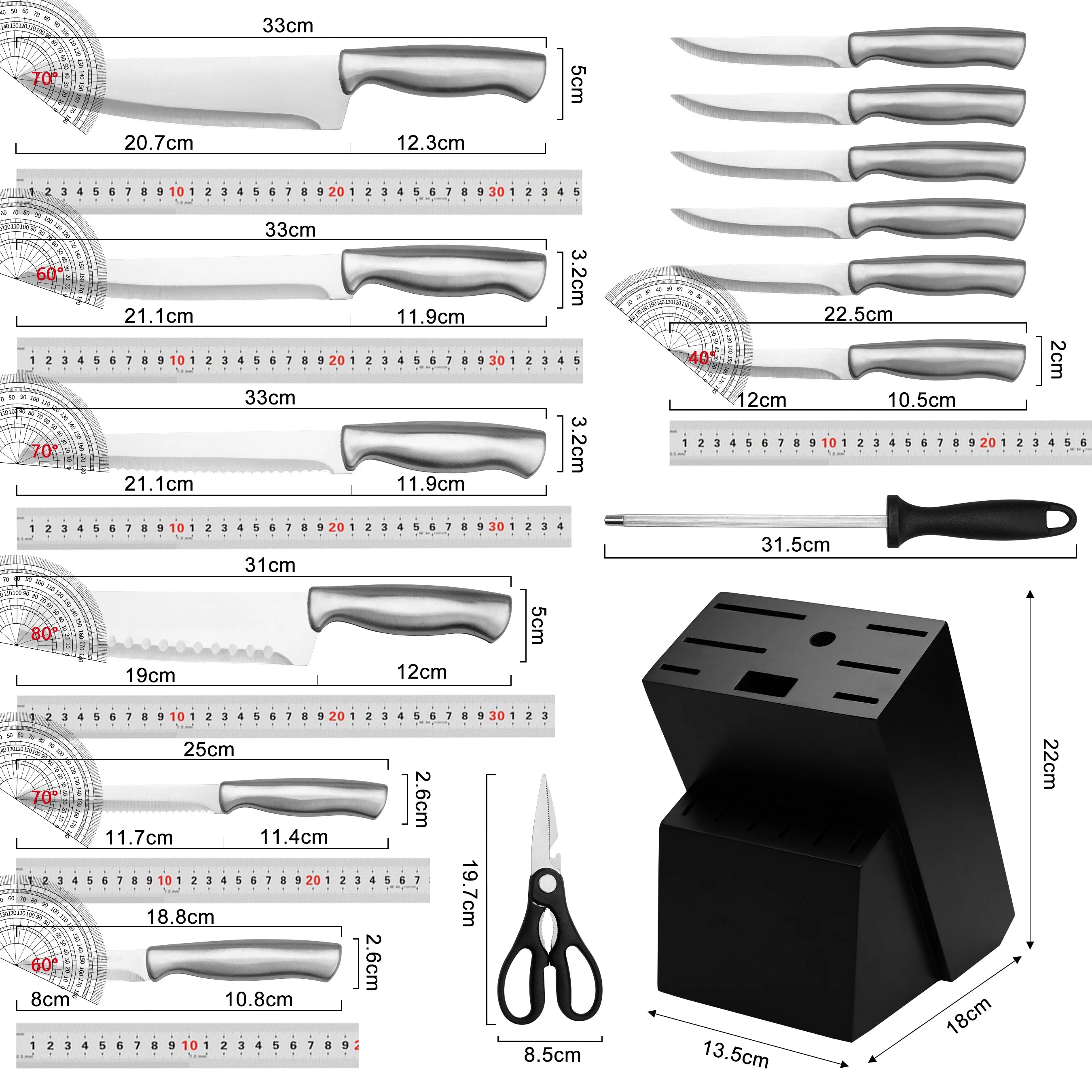 15Pcs Full Stainless Steel Kitchen Knife Set with Black Knife Block, All-in-one Hollow Handle Chef Knives Sharpener Scissor, Ultra Sharp Slicing Bread Steak Paring Knives Home Cooking Cutlery Gift Set