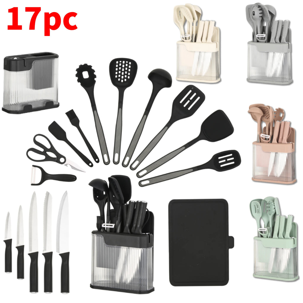 17Pcs Silicone Kitchen Utensils Set with Knife Block Stainless Steel Kitchen Knives Set Non-Stick Cooking Tools Scissors Peeler