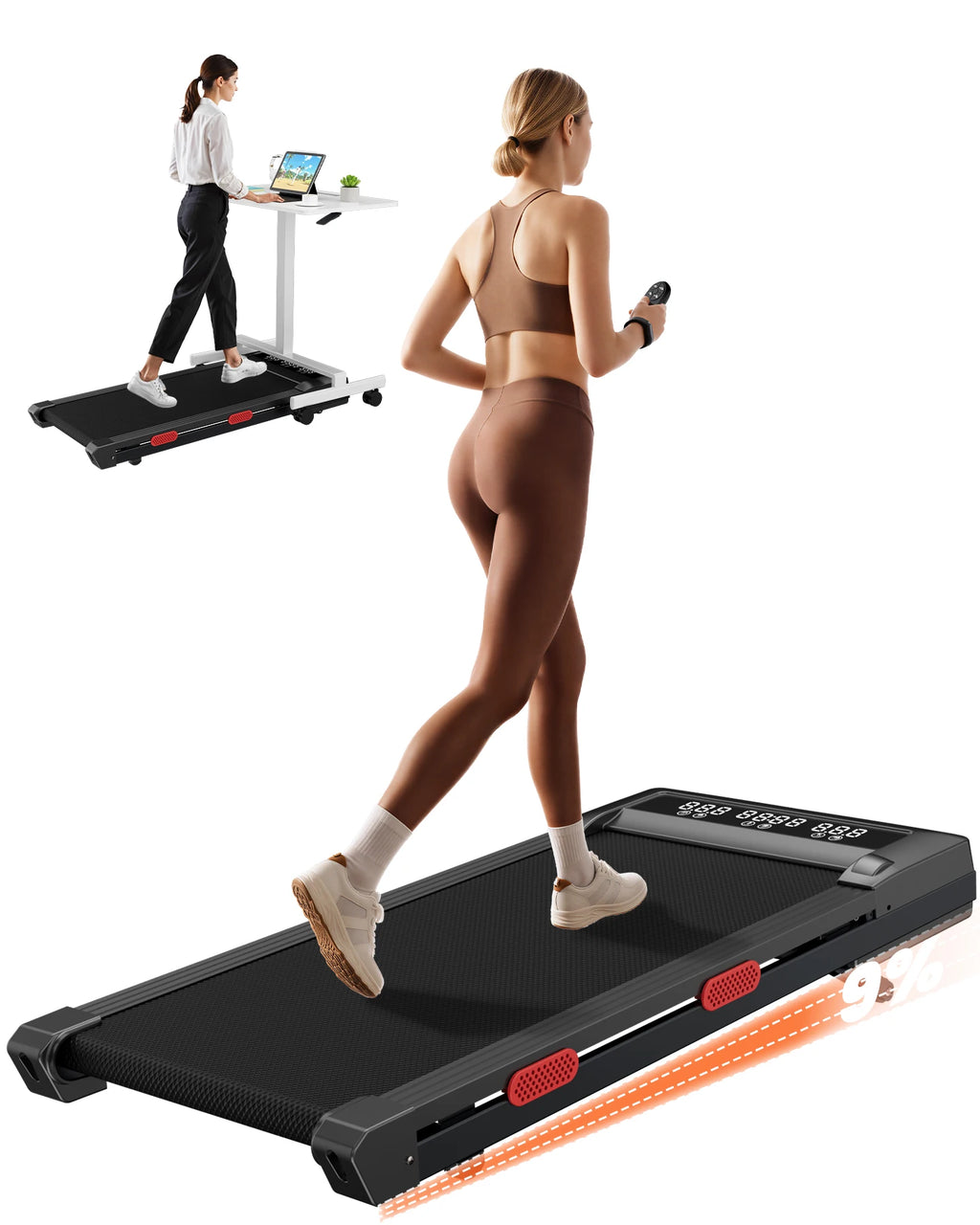 3.0HP Raceable Walking Pad Under Desk Treadmill with 9% Incline Adjustable Speed 1-6KM/H LCD Screen Display 136KG Load For Home