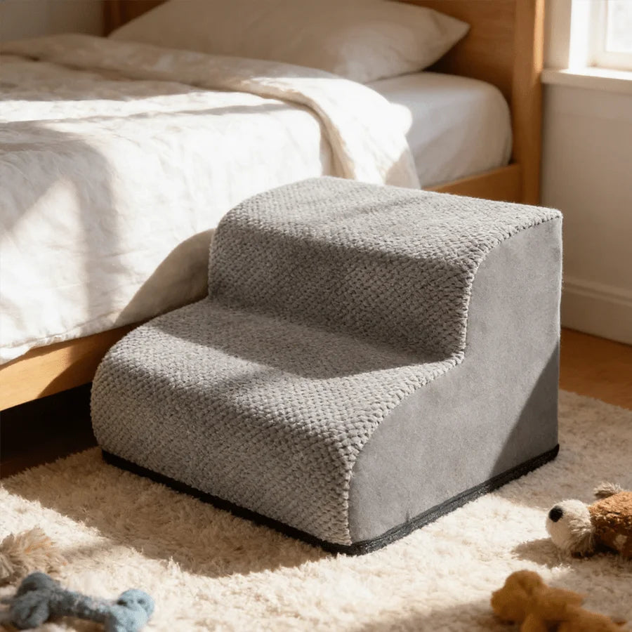 1pc 2-Tier Pet Stair, Grey Knit Fabric Dog Ramp With High-Support Foam & Non-Slip Base, Space-Saving Pet Steps For Small Dogs &