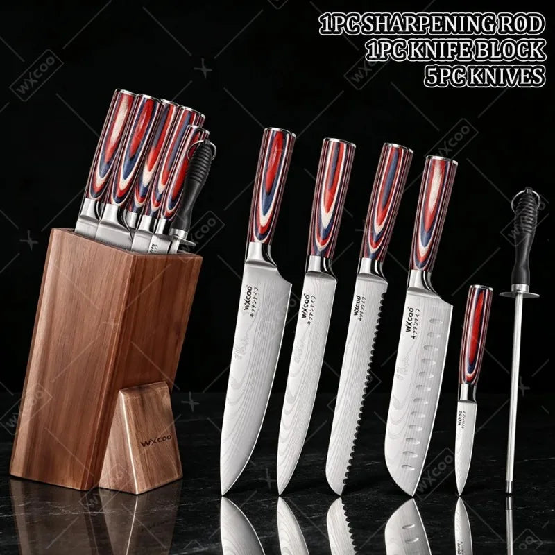 Kitchen Accessories 7PCS Professional Stainless Steel Knife Set with Sharpening Rod Wooden Holder