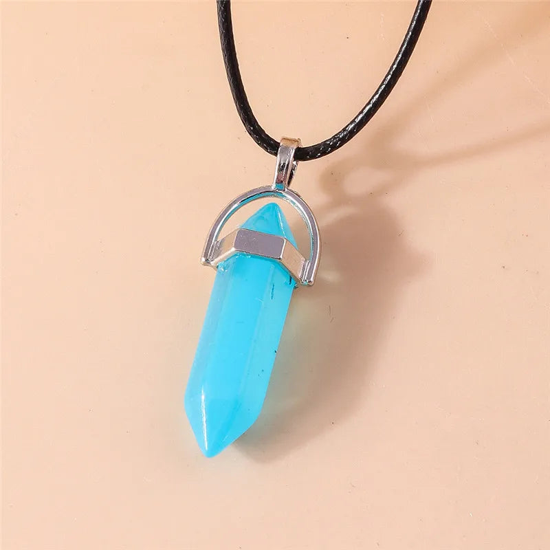 Stone Quartz Gem, Pink Crystal Stone Hexagonal Column Pendant, Necklaces, Leather Chain Bullet Necklace