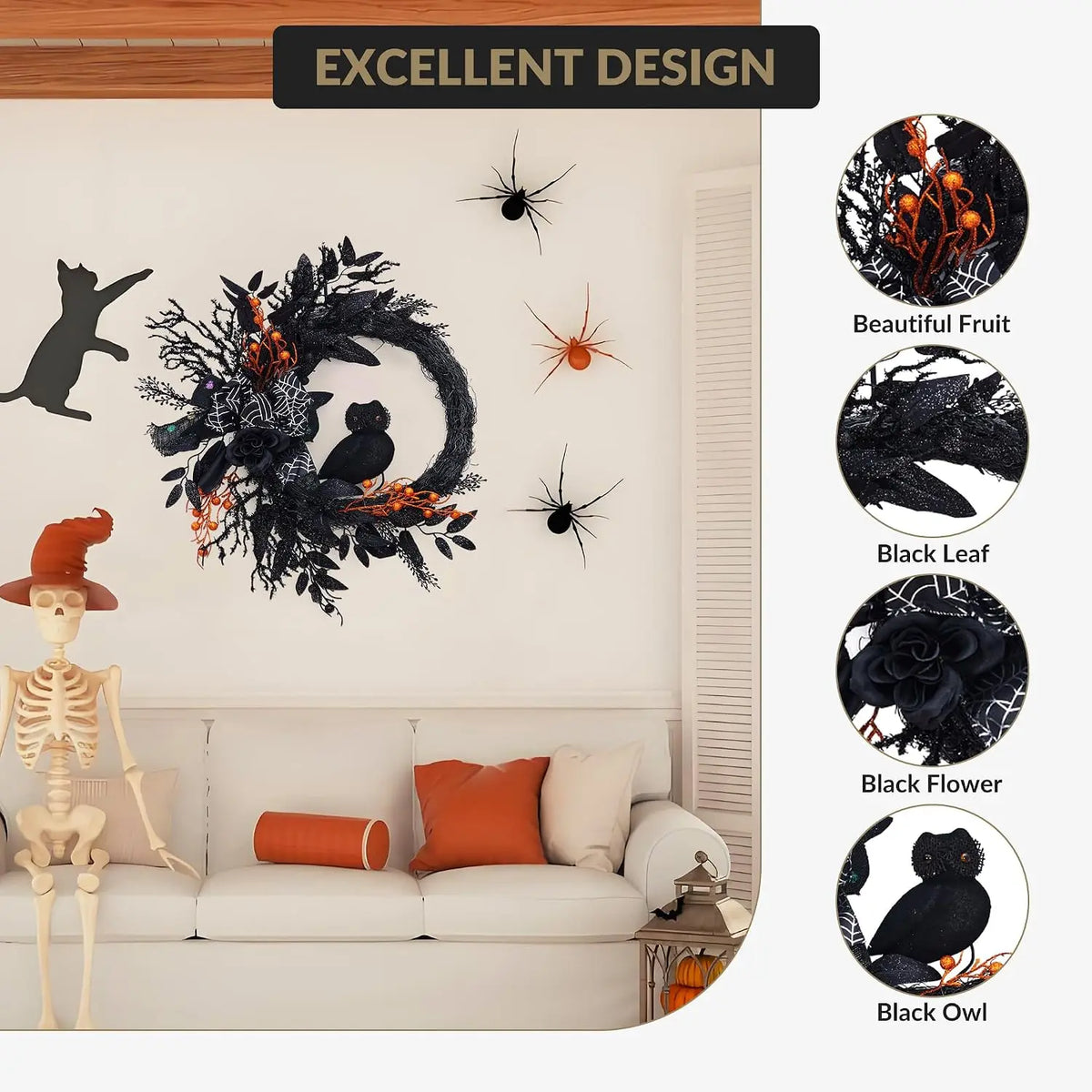 20 Inch Halloween Owl Wreath with Natural Vines and Black Artificial Roses – Front Door, Porch, Wall Decor for Indoor Outdoor Party Home