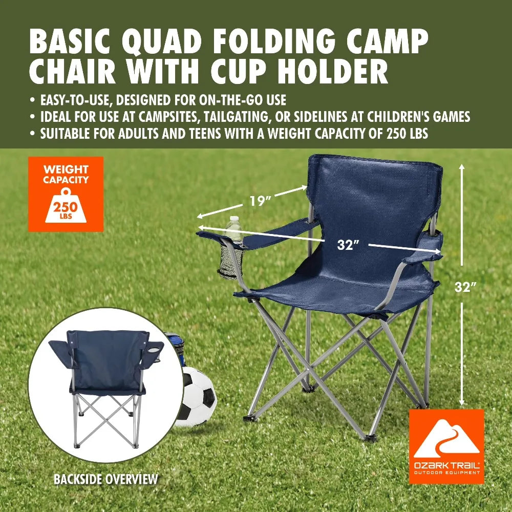 Folding Camping Chair with Cup Holder Quad Portable Outdoor Seat for Beach Fishing Picnic Dark Blue