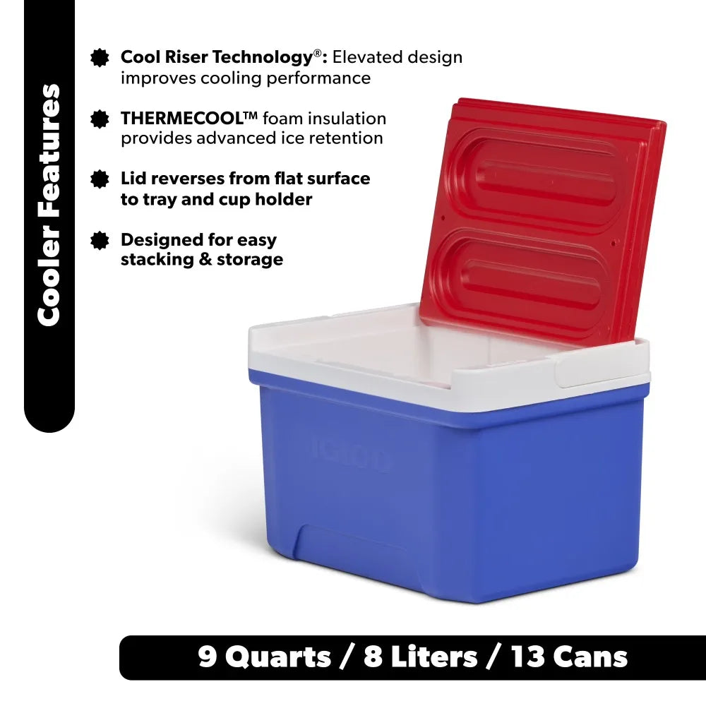 9 QT Portable Ice Chest Cooler Outdoor Picnic Camping Beach Cooler Box with Lid Insulated Food Storage Container for Drinks and Snacks Blue Red and White Design