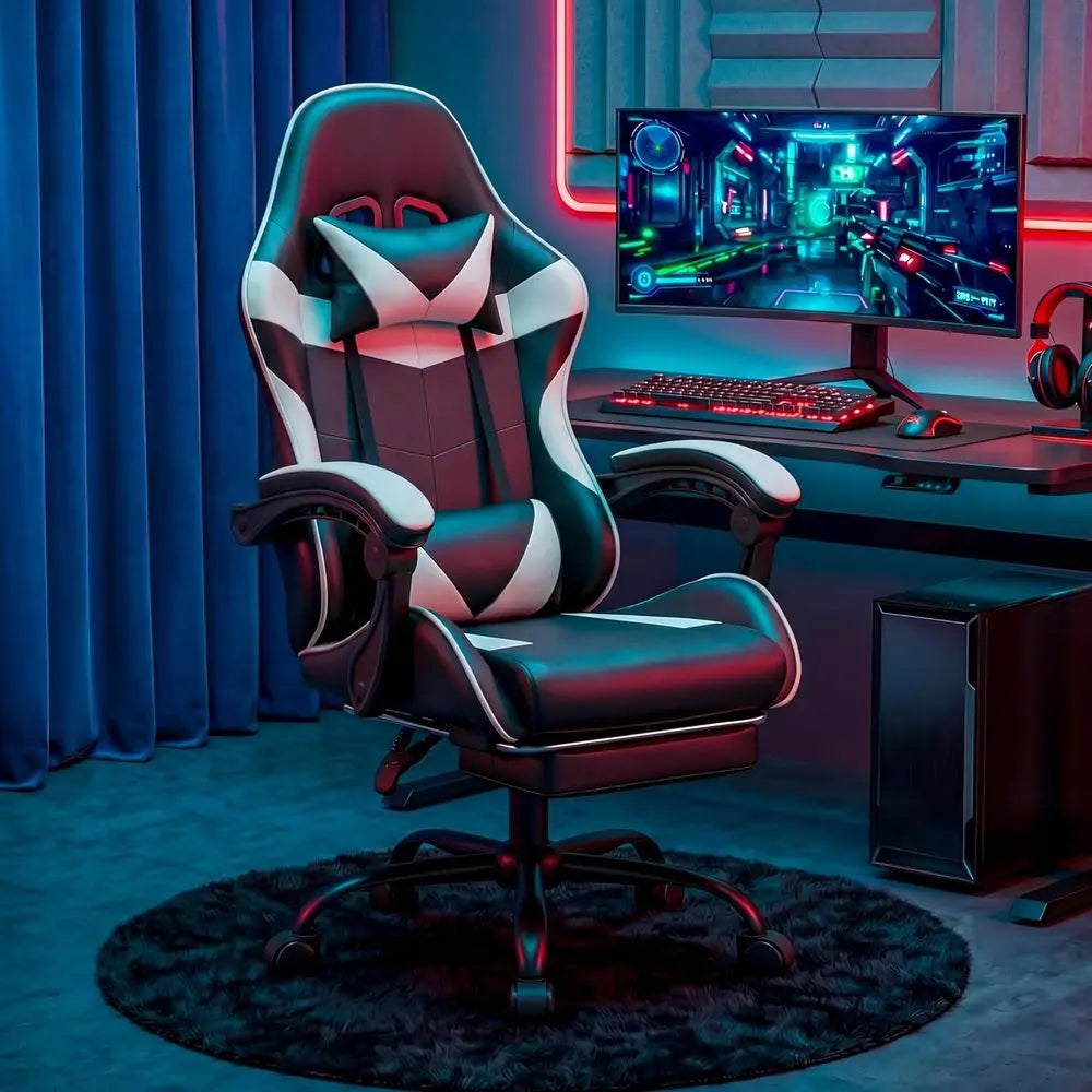 Ergonomic Gaming Chair with Footrest, Lumbar Support, Adjustable Height, 360° Swivel for Comfortable Office Use - Black & White
