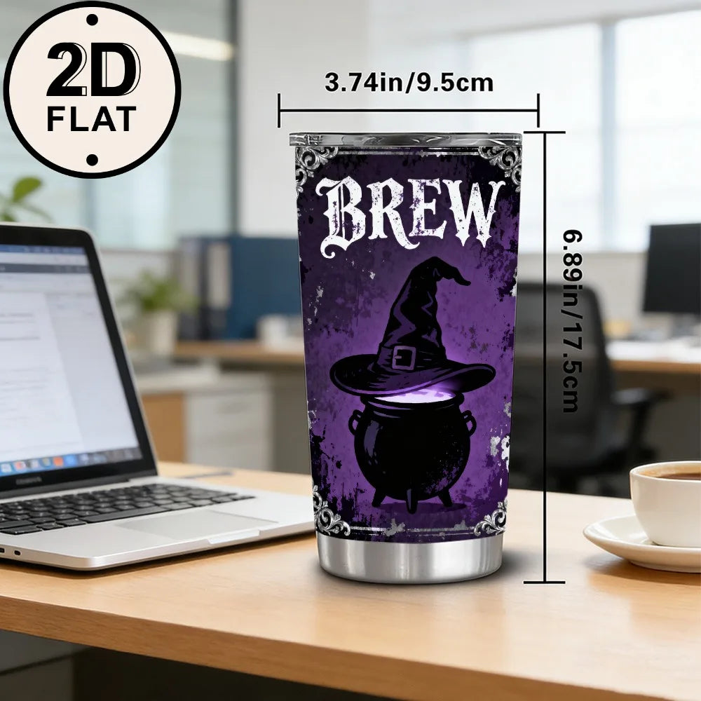 20oz Brew Quality Potions Printed Stainless Steel Tumbler with Lid and Straw, Gothic Purple Witch Cauldron Broomstick Halloween Witches Brew Vacuum Insulated Travel Coffee Mug Gifts