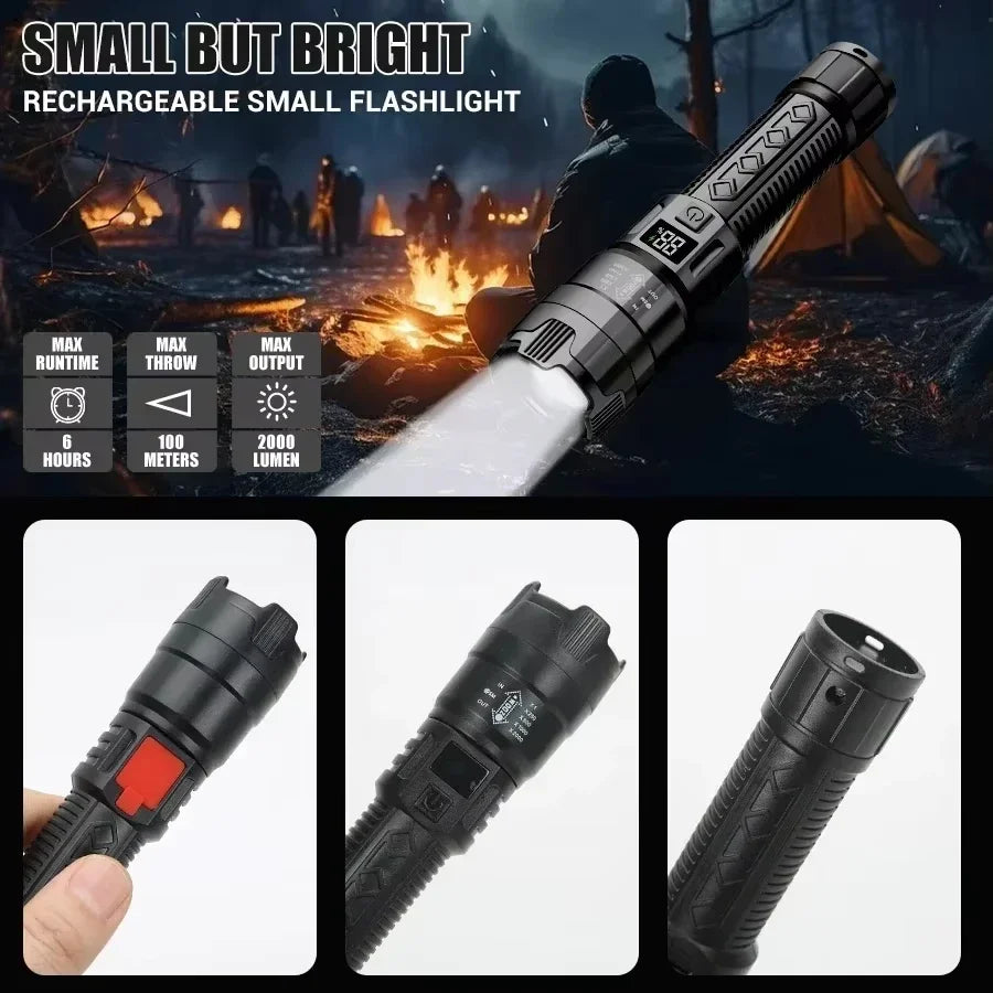 Super Bright LED Flashlight, USB Rechargeable, with Display Zoomable Light with Battery, Camping Hiking Emergency Lantern