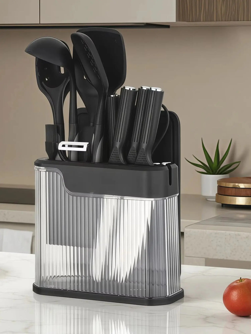 17Pcs Silicone Kitchen Utensils Set with Knife Block Stainless Steel Kitchen Knives Set Non-Stick Cooking Tools Scissors Peeler