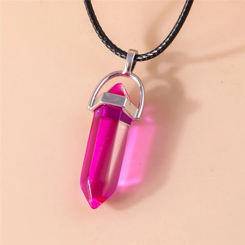 Stone Quartz Gem, Pink Crystal Stone Hexagonal Column Pendant, Necklaces, Leather Chain Bullet Necklace