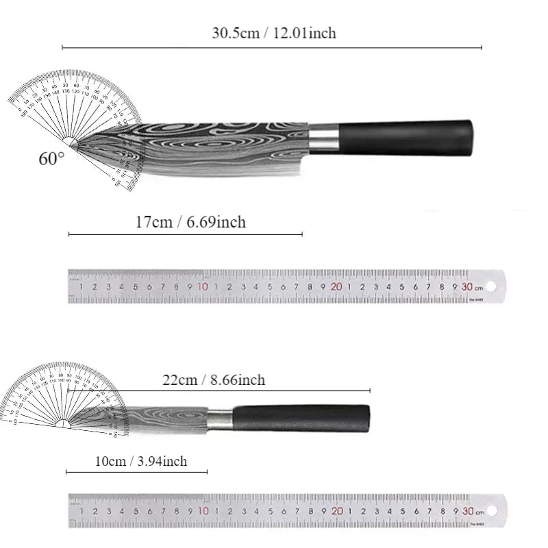Laser Damascus Pattern Utility Kitchen Knives Scissors Sharpening Rod Set