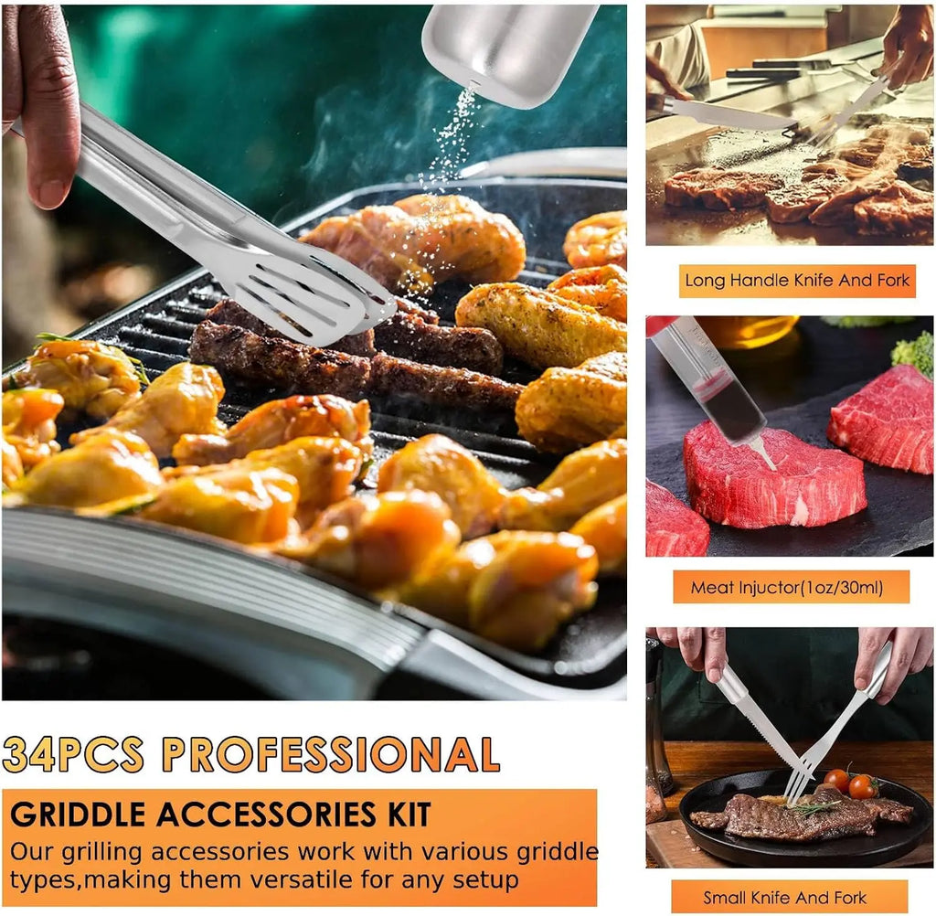 34Pcs BBQ Grilling Accessories Set, Heavy Duty Stainless Steel Tools with Glove & Mats, Portable Carrying Bag, Outdoor Camping Gift for Men Dad