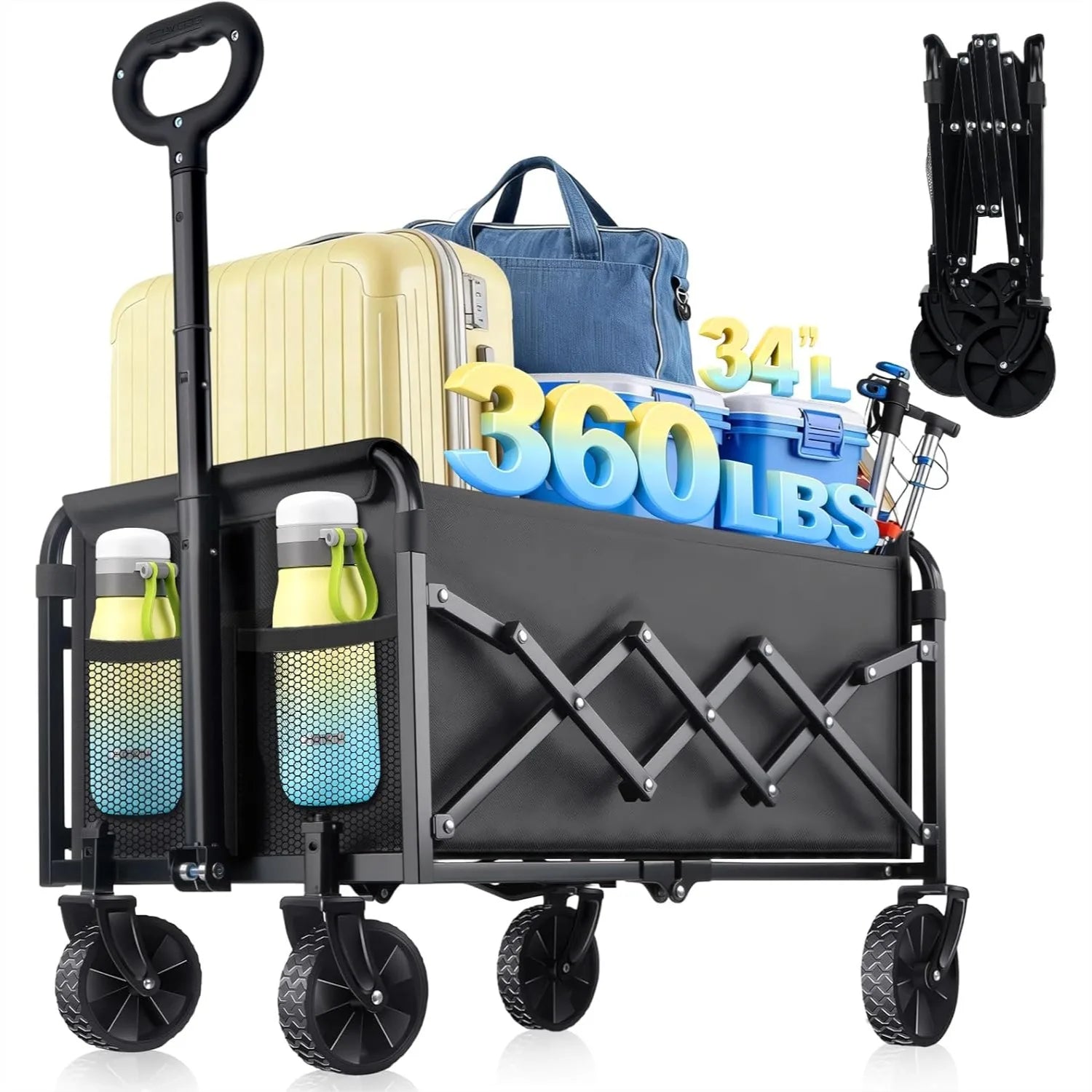 Collapsible Wagon Cart with Wheels Foldable - 360LBS Heavy Duty Folding Utility Wagon for Beach Camping Grocery Shopping