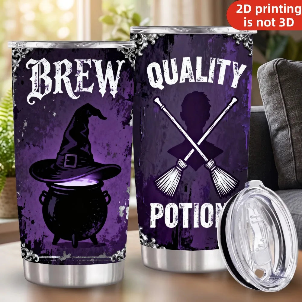 20oz Brew Quality Potions Printed Stainless Steel Tumbler with Lid and Straw, Gothic Purple Witch Cauldron Broomstick Halloween Witches Brew Vacuum Insulated Travel Coffee Mug Gifts