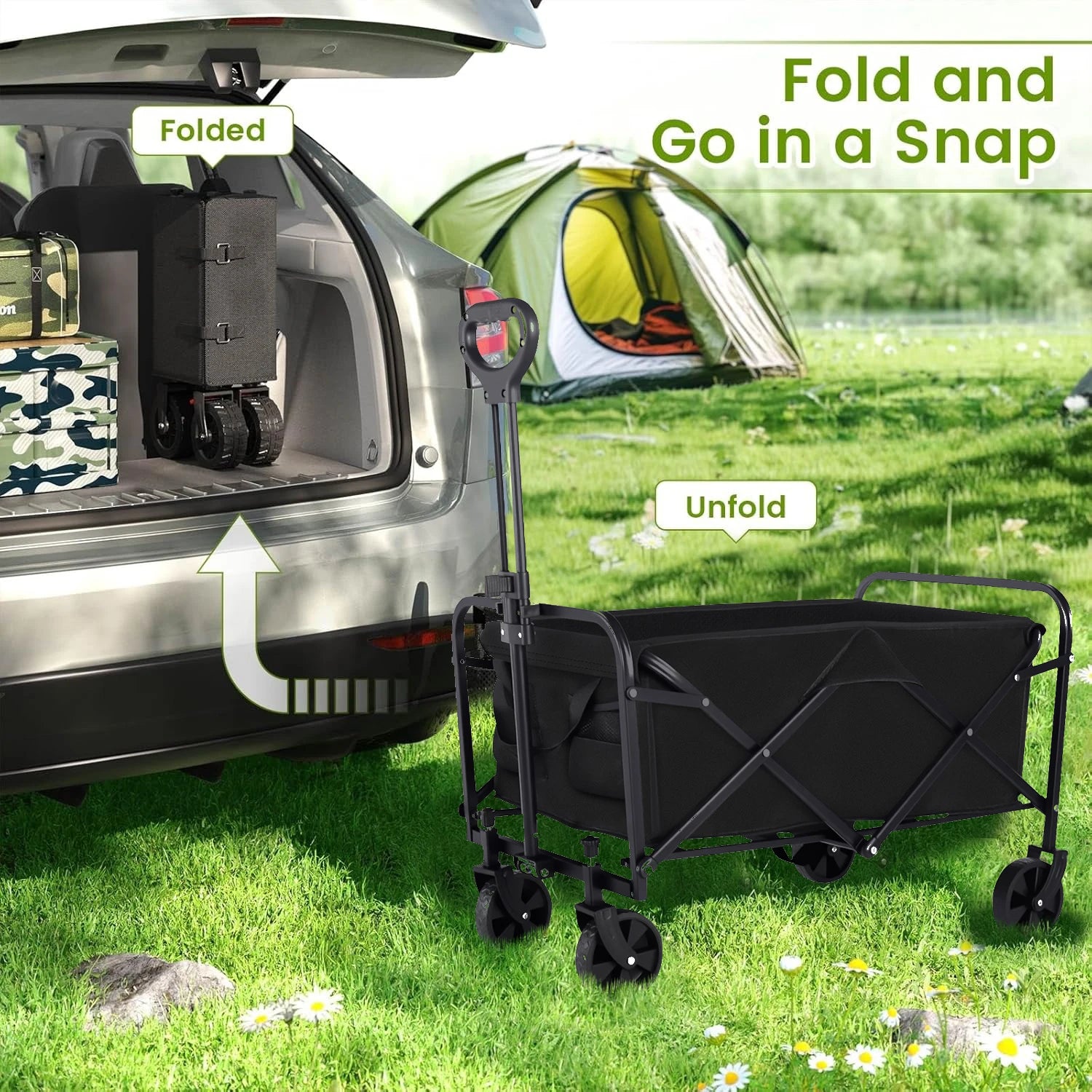 Heavy Duty Wagon Carts, Foldable, Portable Wagons, Beach Cart with All-Terrain Wheels and  Drink Holders, Utility Wagon