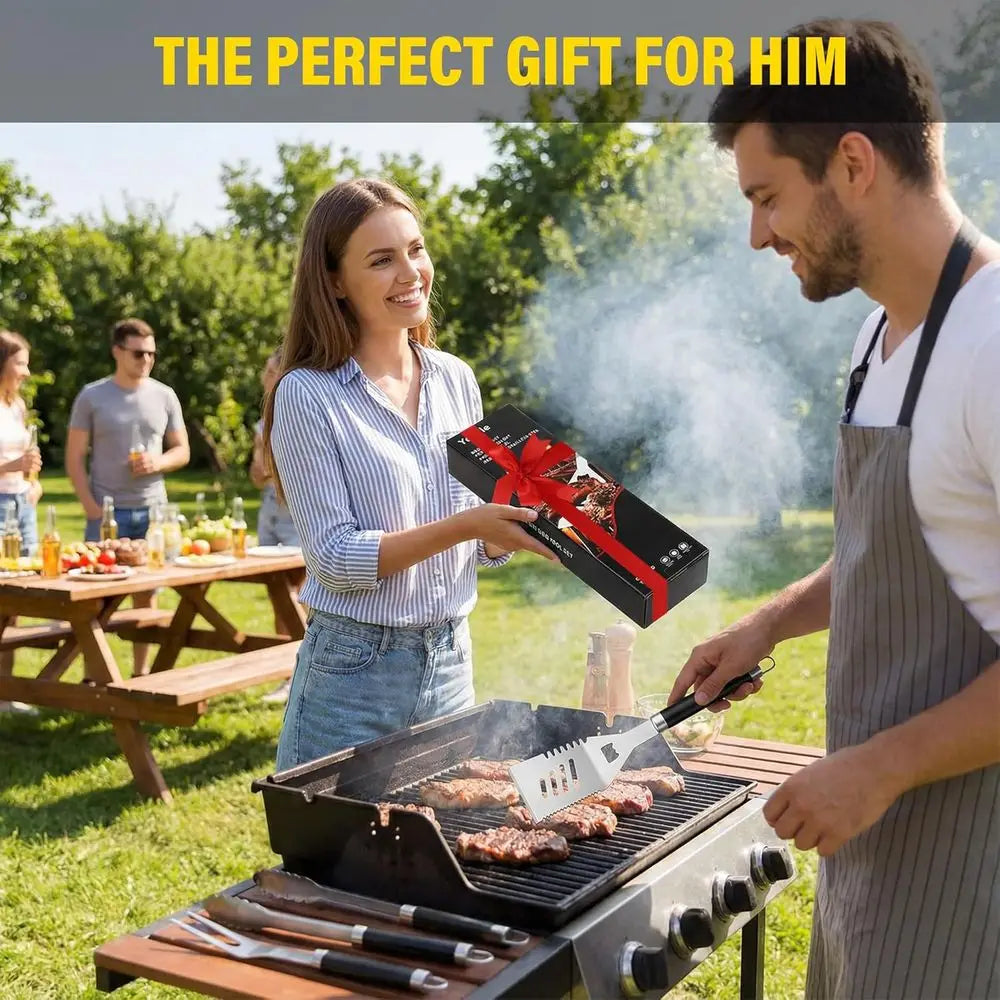Premium BBQ Grill Accessories Set for Men - Outdoor Barbecue Tools Including Tongs, Brush, and Cleaning Brush (Black)