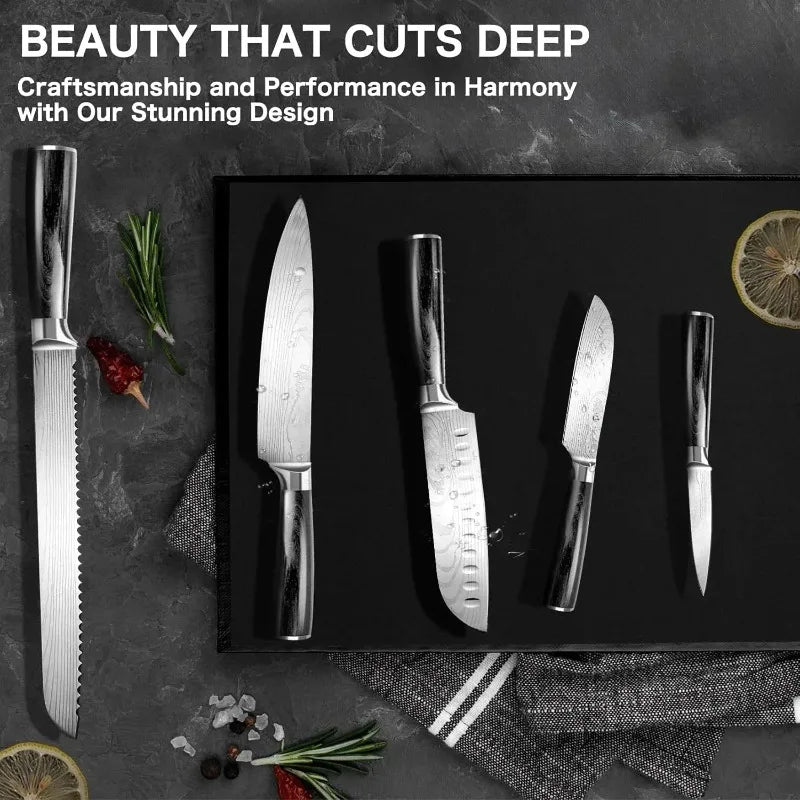 5-Piece Kitchen Knife Set Damascus Pattern Stainless Steel Chef Knives with Pakkawood Handle