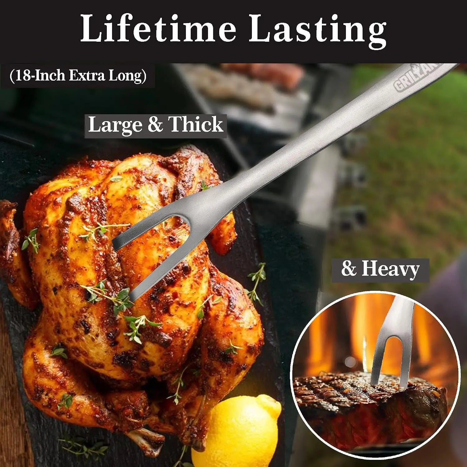 18-Inch Stainless Steel BBQ Tools Set - 4-Piece Grilling Kit with Tongs, Spatula, Fork & Brush