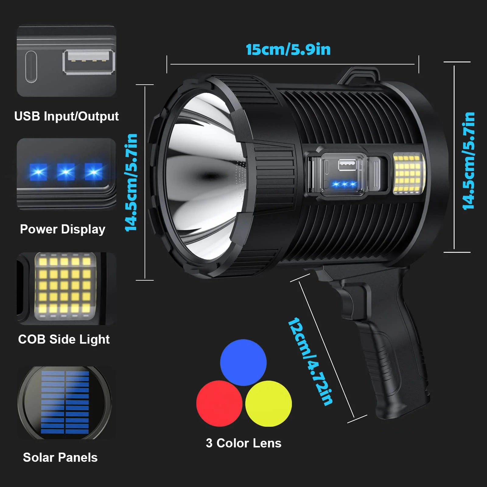 Rechargeable Spotlight, 900000 Lumens, Led Spot Light, Handheld Large Flashlight, Super Bright Searchlight