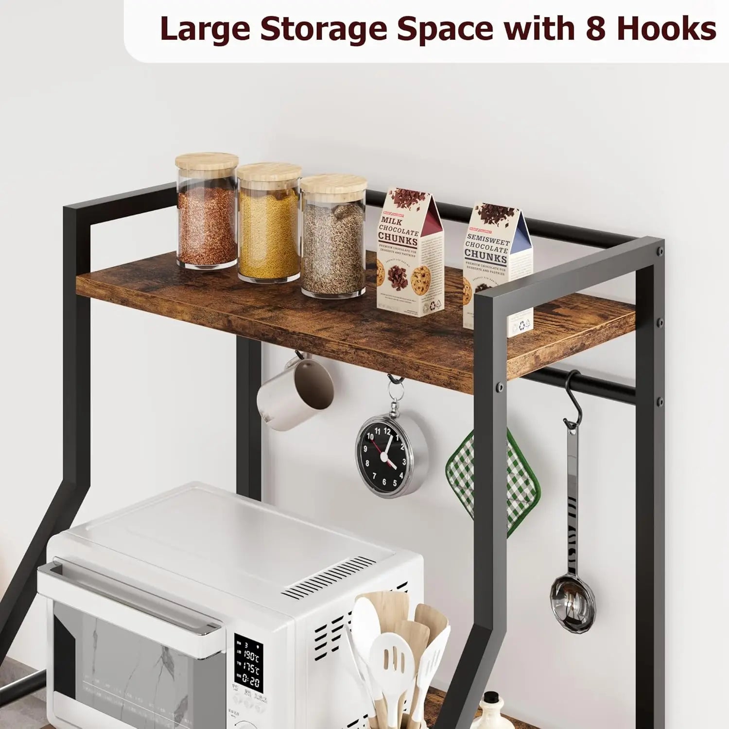 4-Tier Kitchen Bakers Rack & Microwave Oven Stand with Large Wire Basket, Industrial Coffee Bar Station with Hooks, Kitchen