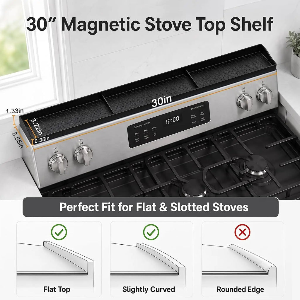 30" Magnetic Stove Top Shelf Silicone Spice Rack with 3 Compartments for Kitchen Organization