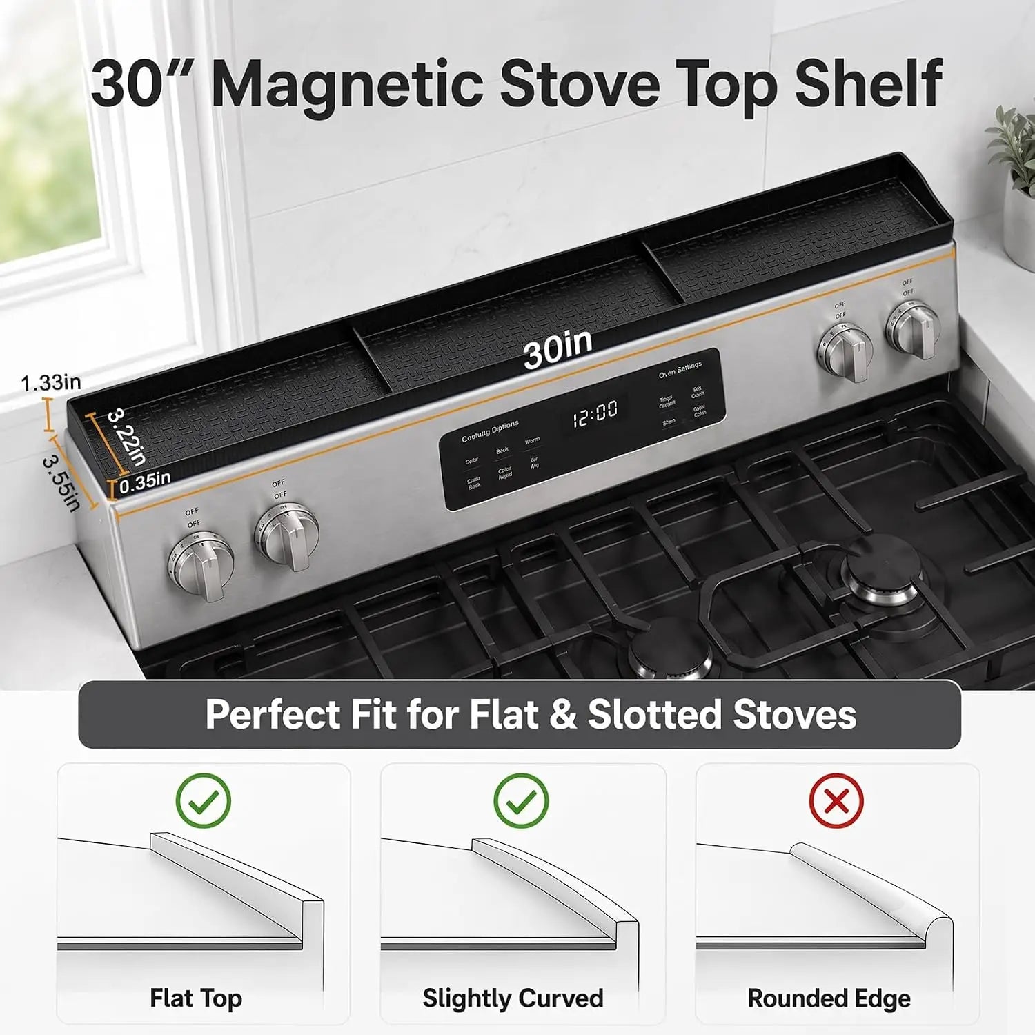 30" Magnetic Stove Top Shelf Silicone Spice Rack with 3 Compartments for Kitchen Organization
