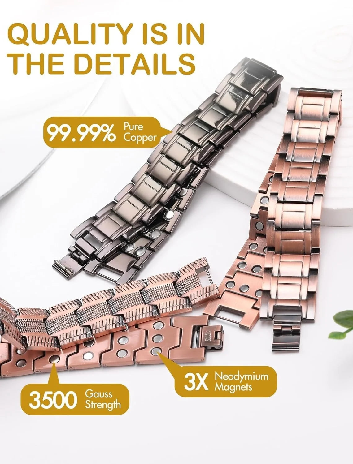 3-Row Magnet Design, Ultra Strength Magnetic Bracelet 99.99% Pure Copper Wristband Adjustable Jewelry Gift with Sizing Tool