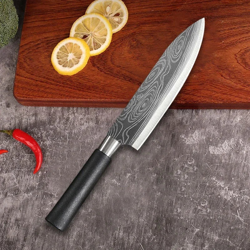Laser Damascus Pattern Utility Kitchen Knives Scissors Sharpening Rod Set