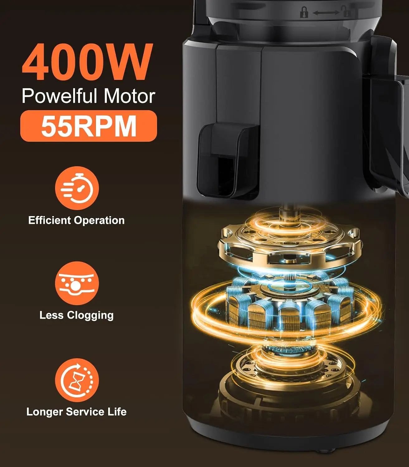 Cold Press Juicer Machine 400W Double Press Masticating Slow Juicer High Juice Yield Large Feed Chute Easy Clean Whole Fruits Vegetables Dark Black