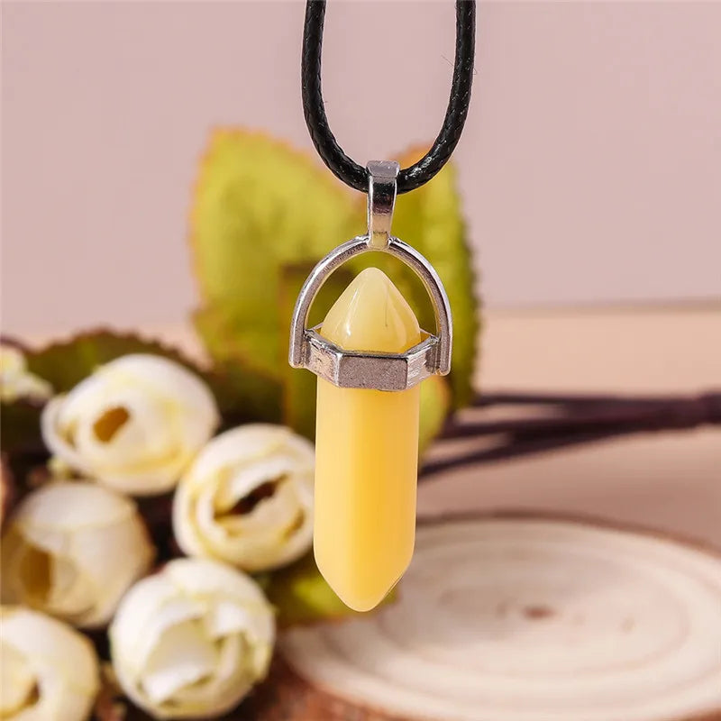 Stone Quartz Gem, Pink Crystal Stone Hexagonal Column Pendant, Necklaces, Leather Chain Bullet Necklace