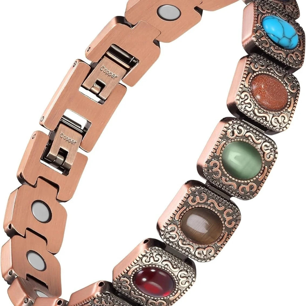 Ultra Strength Pure Copper Magnetic Bracelet for Women with 3800 Gauss Magnets Natural Turquoise Stones Adjustable Jewelry Gift