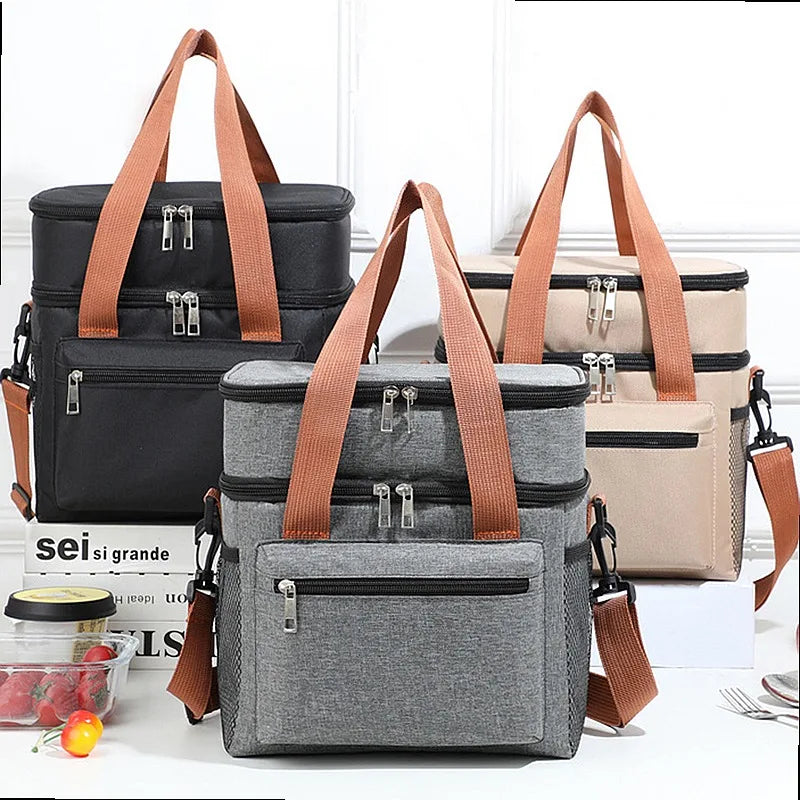 1PC Large Capacity Double Layers Thermal Insulation Lunch Bag Picnic Tote Food Drink Storage Cooler Bag with Shoulder Strap