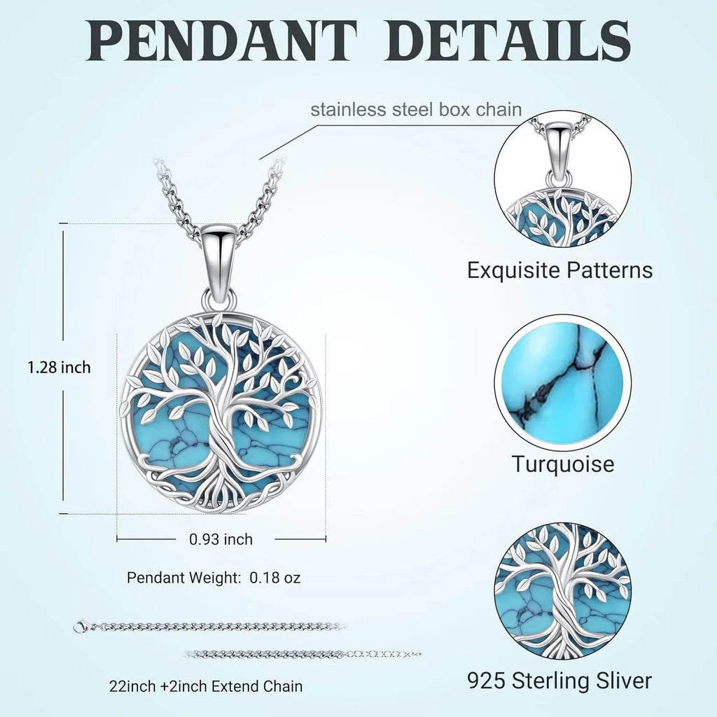 925 Sterling Silver Tree of Life Necklace Pendant Turquoise Celtic Knot Family Tree Jewelry for Men Women Father's Day Gift