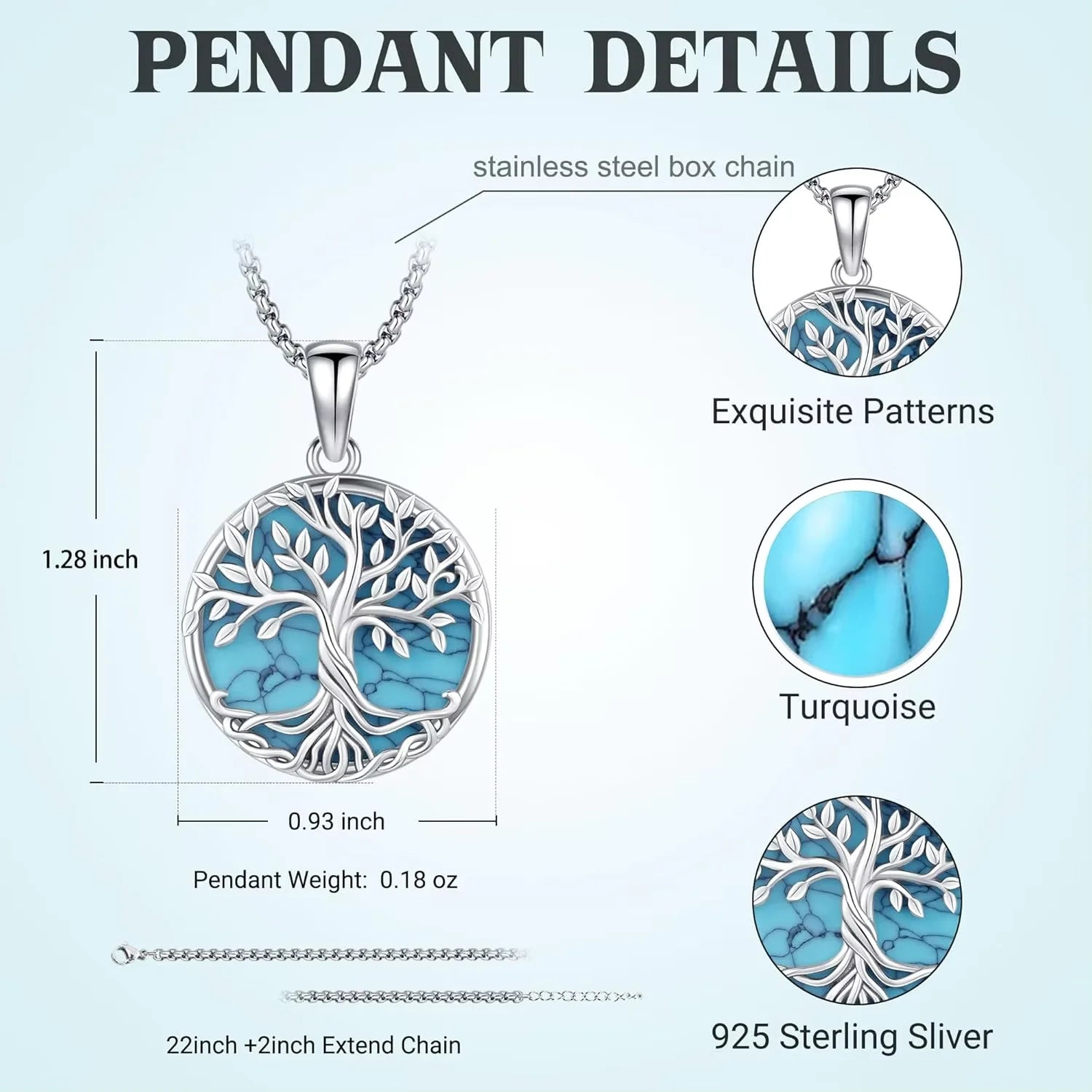 925 Sterling Silver Tree of Life Necklace Pendant Turquoise Celtic Knot Family Tree Jewelry for Men Women Father's Day Gift