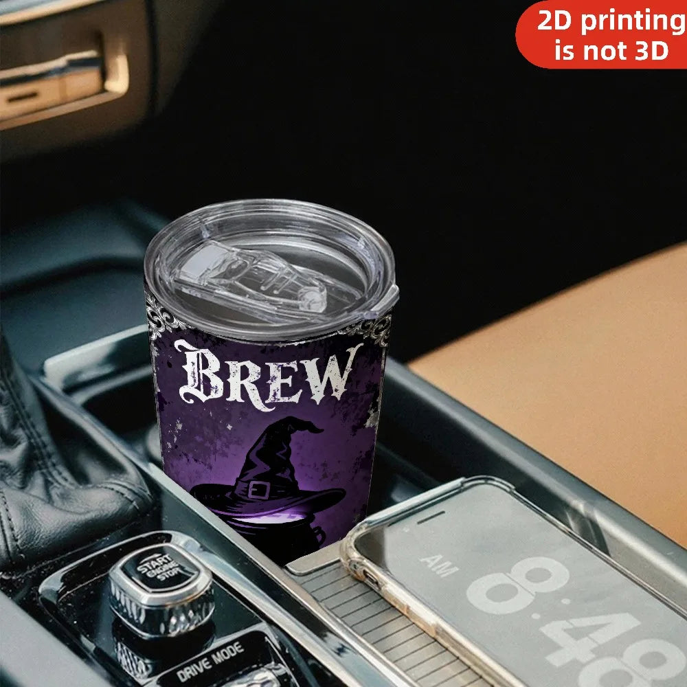 20oz Brew Quality Potions Printed Stainless Steel Tumbler with Lid and Straw, Gothic Purple Witch Cauldron Broomstick Halloween Witches Brew Vacuum Insulated Travel Coffee Mug Gifts