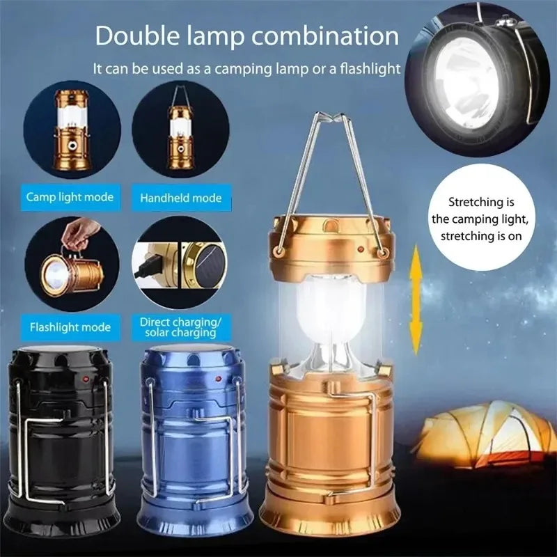 LED Camping Lantern, Outdoor Solar Camp Tent Lamp, USB Rechargeable, Portable Emergency Lights,