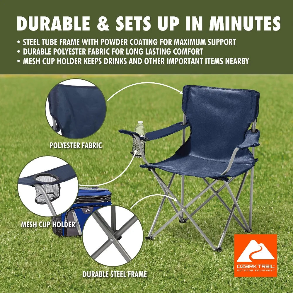 Folding Camping Chair with Cup Holder Quad Portable Outdoor Seat for Beach Fishing Picnic Dark Blue