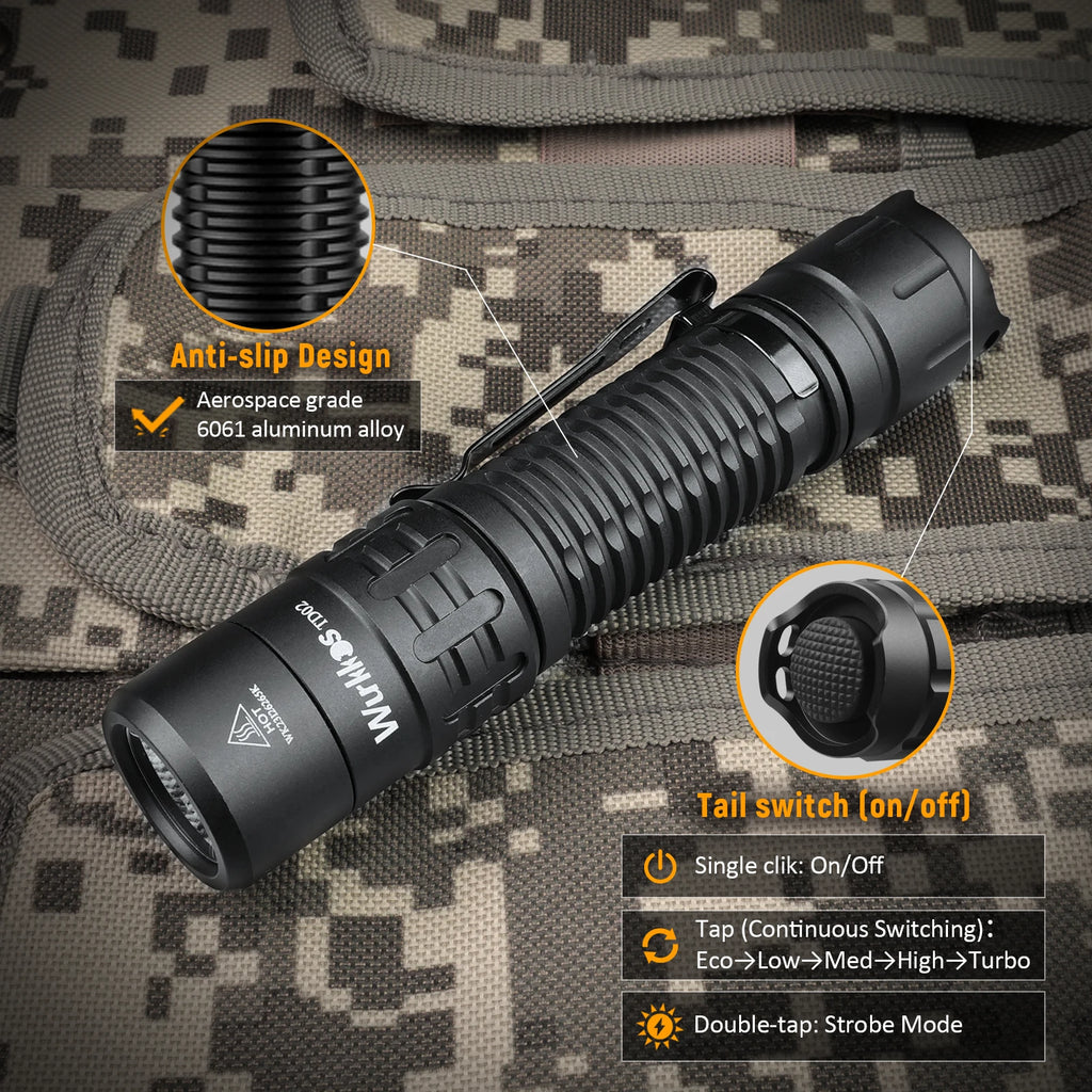 Wurkkos TD02 Compact IPX8 Waterproof Tactical Flashlight 2000LM Rechargable Torch with 6 Modes High-quality LED & Local Delivery