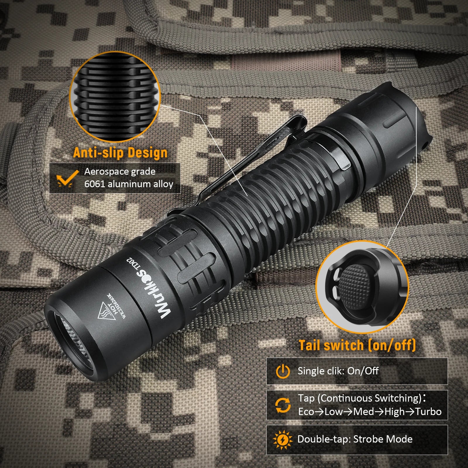 Wurkkos TD02 Compact IPX8 Waterproof Tactical Flashlight 2000LM Rechargable Torch with 6 Modes High-quality LED & Local Delivery