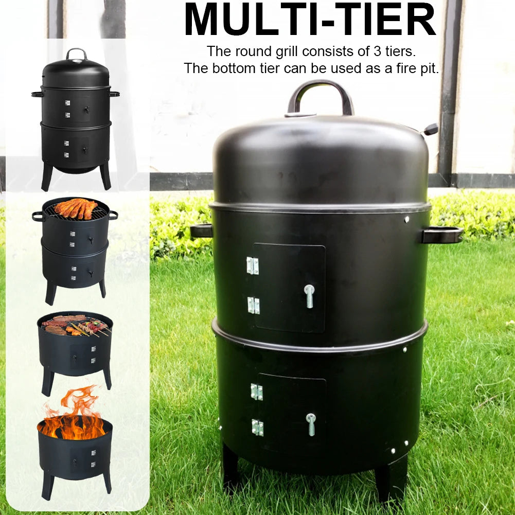 Vertical Charcoal Smoker with Built-in Thermometer Round BBQ Grill 2 Access Doors for Parties Camping Outdoor Cooking