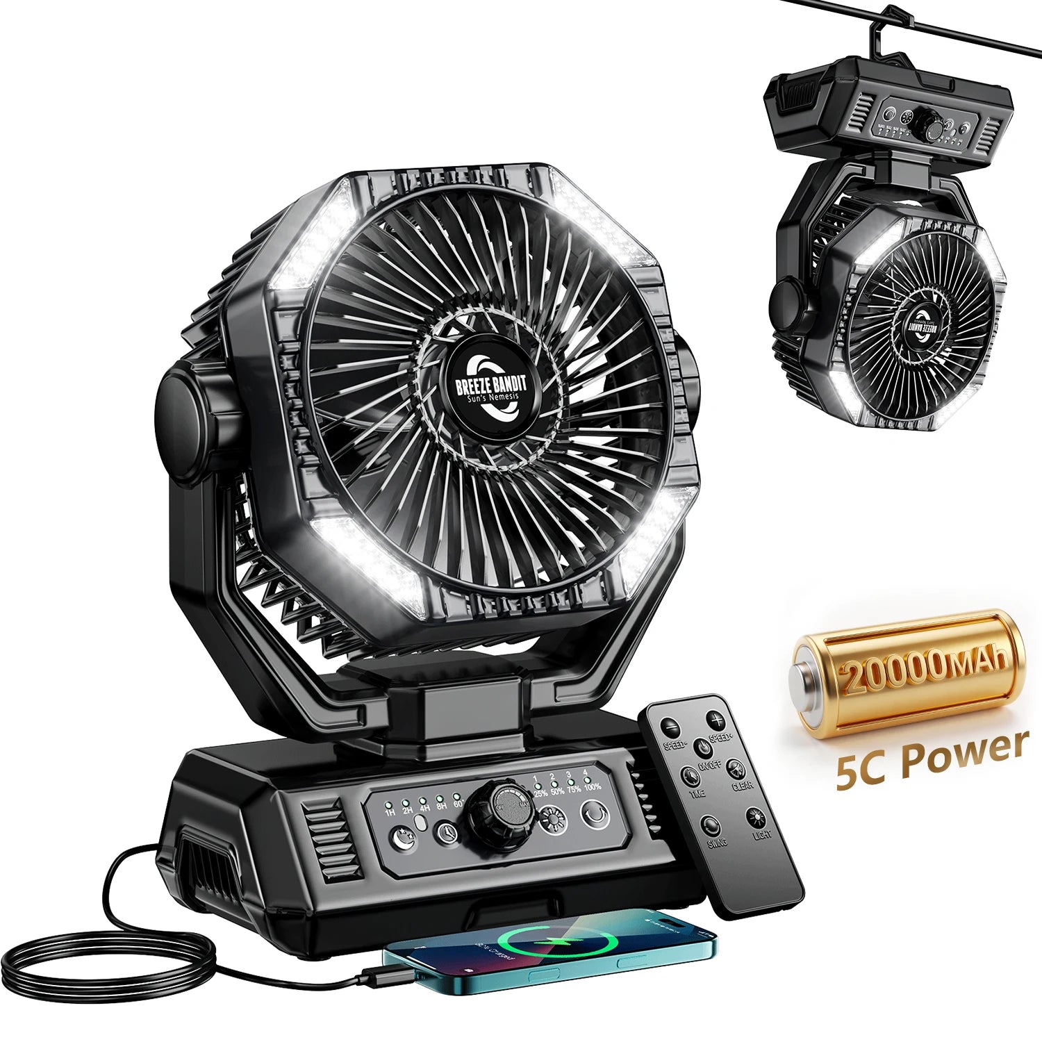 20000mAh Camping Fan with LED Lantern 8 Speed Desk Fan with Remote Portable Outdoor Fan with Hook