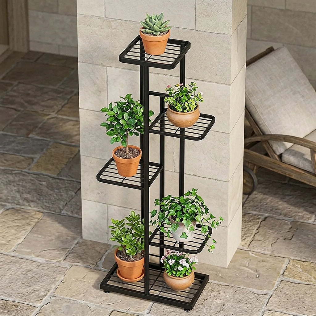 5 Tier Black Metal Plant Stand, Narrow Indoor Outdoor Plant Rack With Grid Shelves For Balcony or Corner